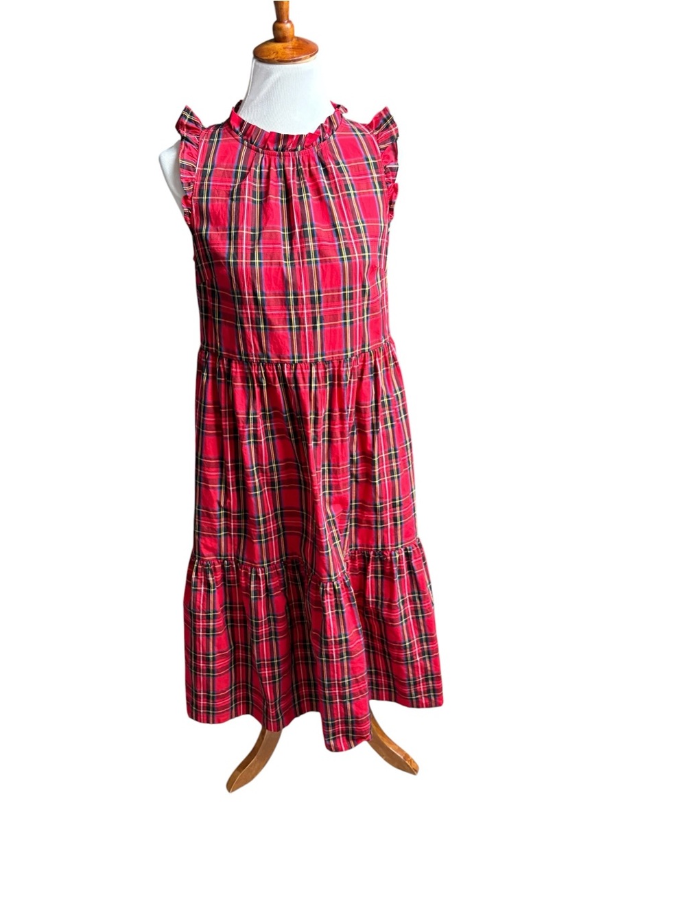 J. Crew Red Plaid Tiered Ruffle Neck Dress